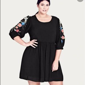 City Chic Black Mini Dress with Embroidered Floral Sleeves